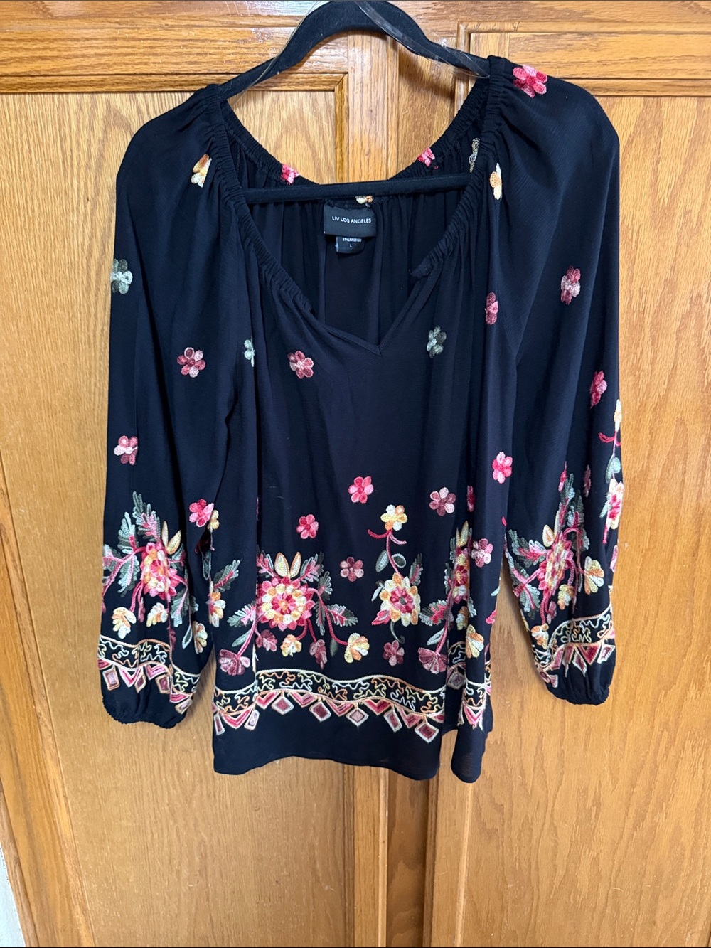 Vervet by Flying Monkey Black Floral Embroidered Peasant Tunic